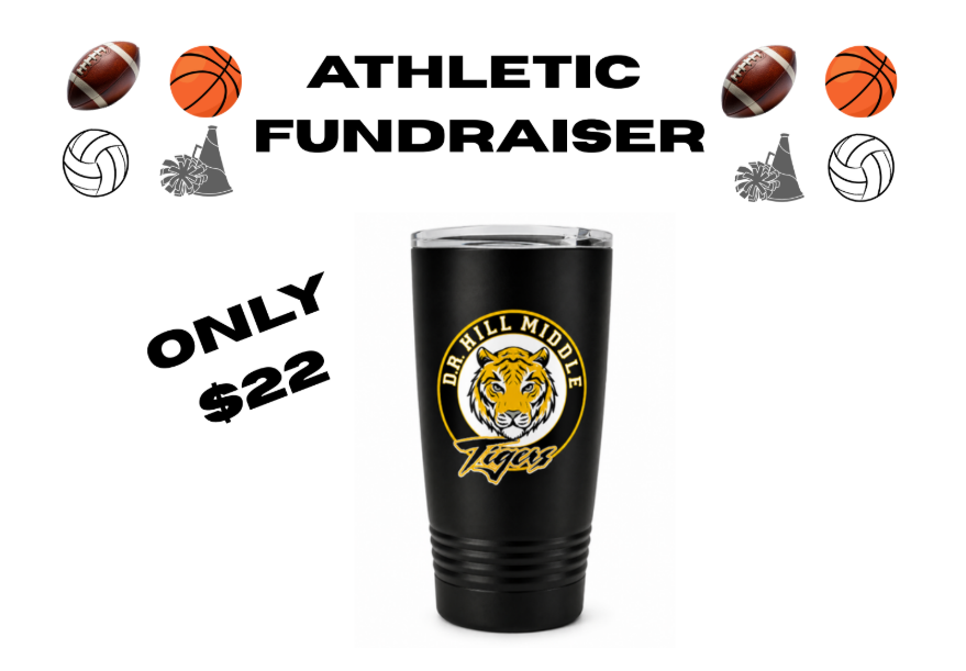 Athletic Fundraiser, only $22, image of black stainless steel cup with lid and DRH logo