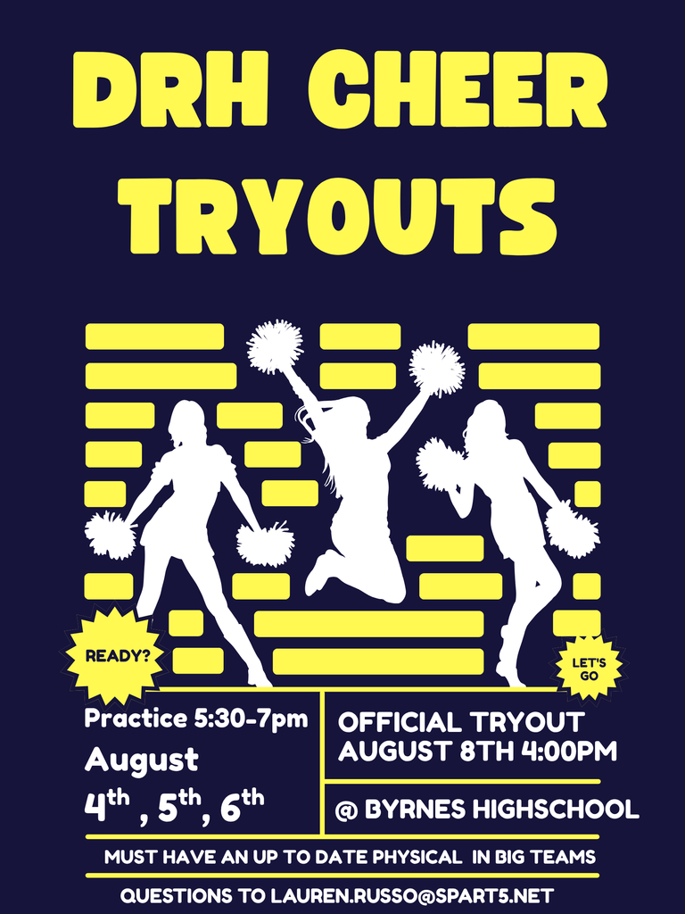 Tryout practice on August 4th, 5th, and 6th from 5:30-7pm. Official tryout is August 8th at 4pm at byrnes high school. You must have an up to date physical in big teams. Questions, lauren.russo@spart5.net