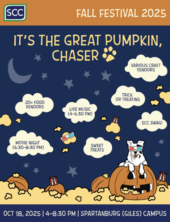 SCC Fall Festival - various craft vendors, trick or treating, 20+ food vendors, live music from 4-6:30pm, SCC swag, movie night from 6:30-8:30pm and sweet treats.