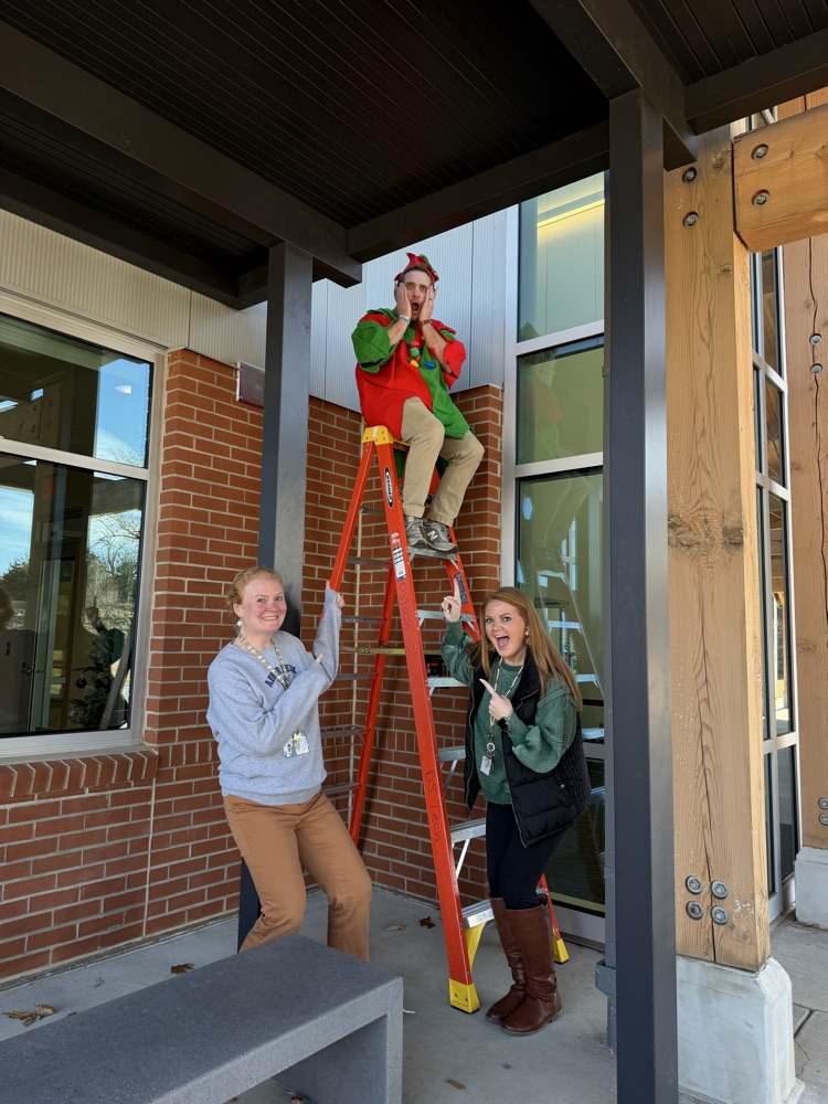 teachers with elf on a ladder