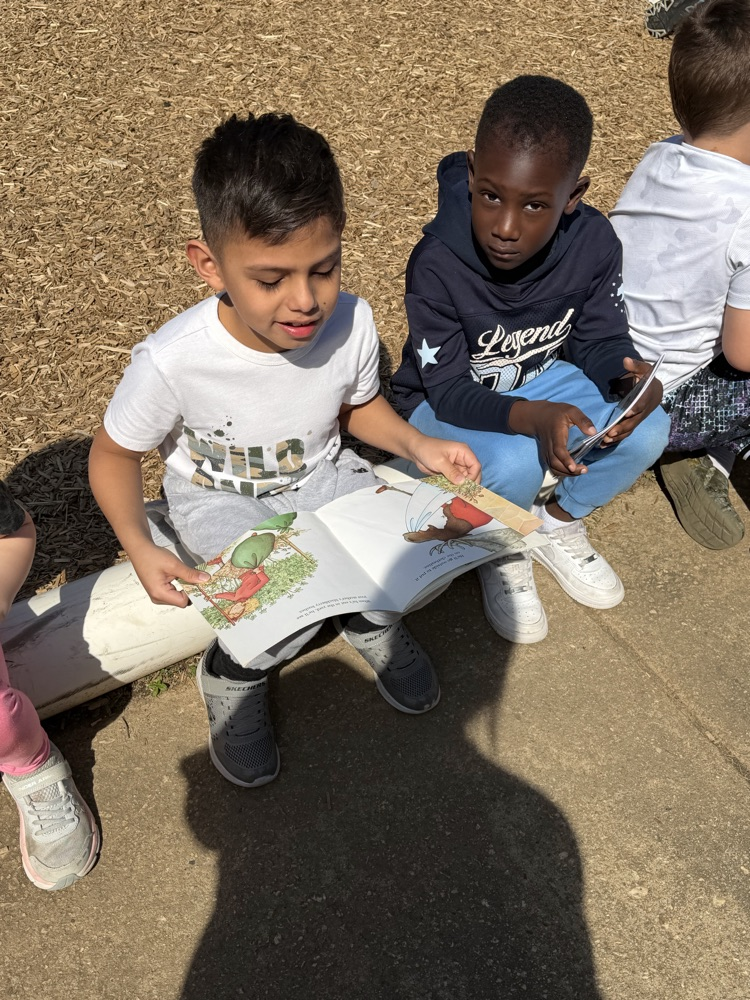 two classes reading together outside 