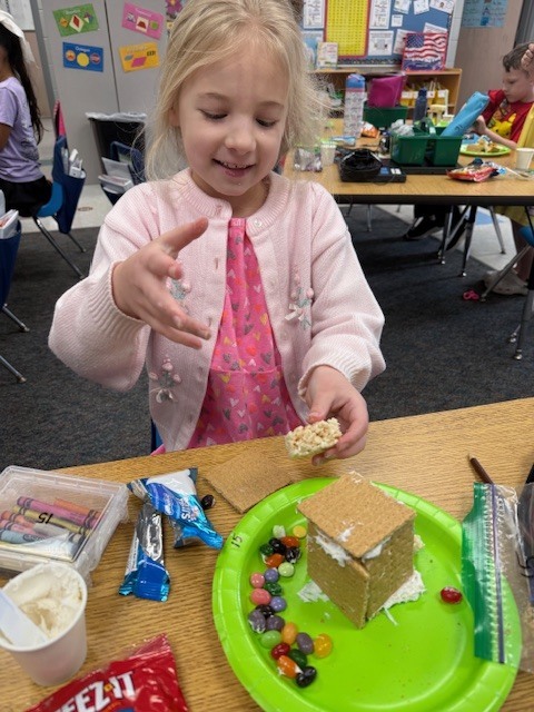 Mrs. Wells’s class had some eggs-tra egg-citing learning activities to go along with the book Rechenka’s Eggs by Patricia Polocco. They built and ate the cutest little Peep houses and measured with jellybeans.