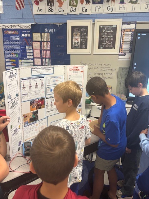 Today our friend Greyson taught our class about how magnets produce electricity. He explained the scientific method and did a complete presentation including lights that worked! Pretty impressive for second grade!