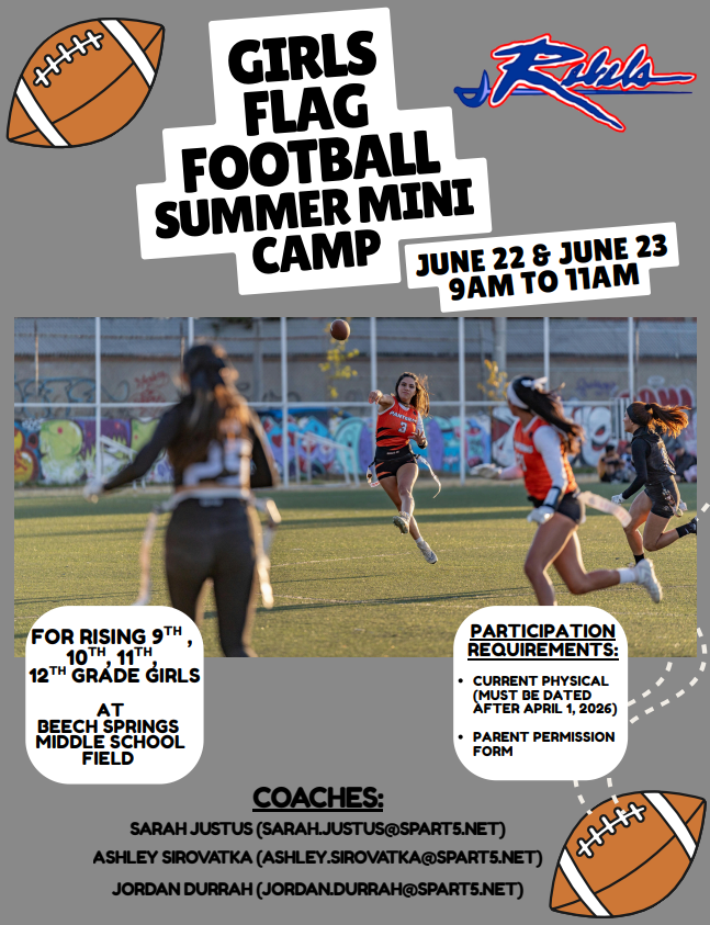 Flyer for girls flag football summer mini camp. Info provided in post.