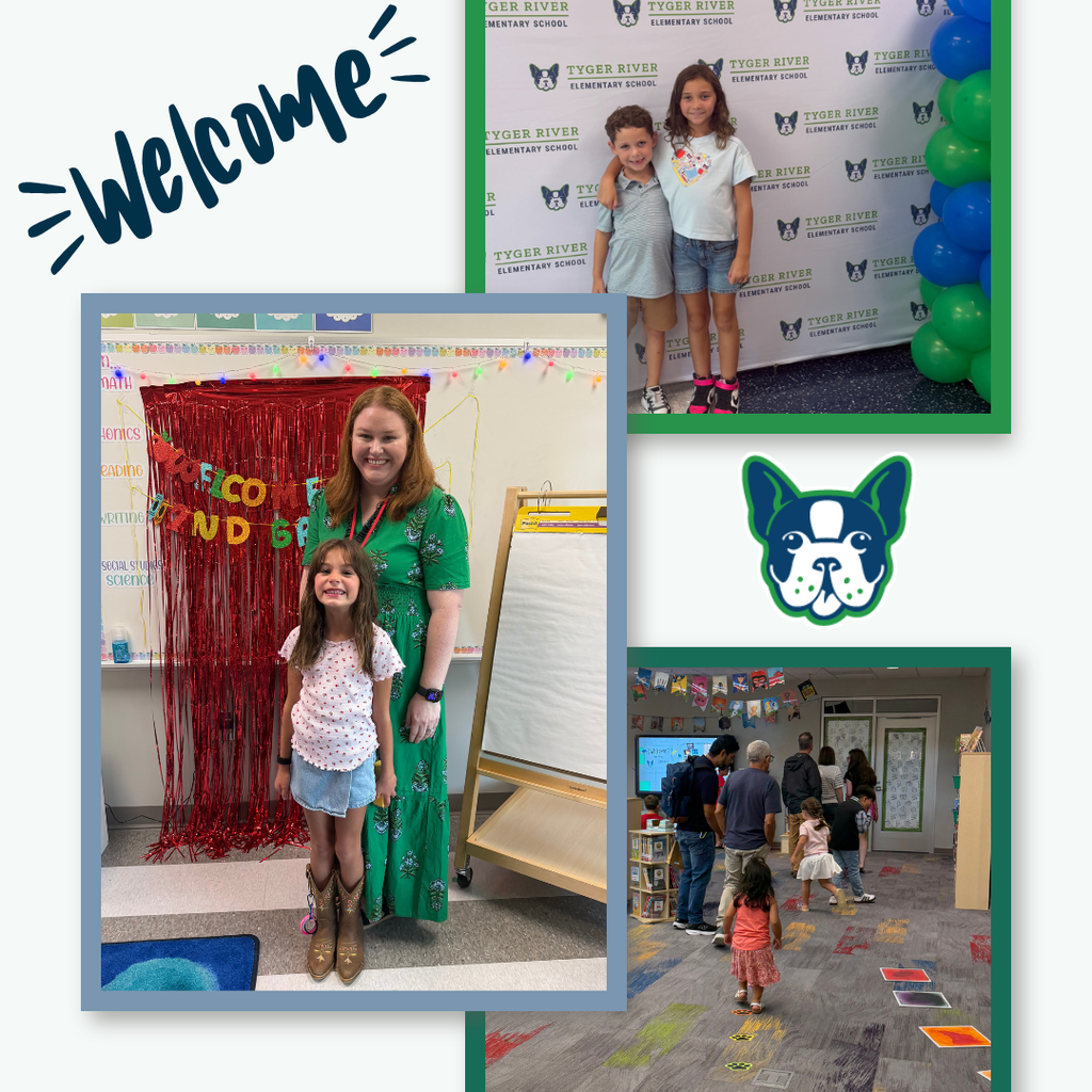 This image is a collage with three pictures. The first is a set of students posing in front of a TRE banner. The second is a teacher and a student standing together. The third is a picture of families exploring the library.