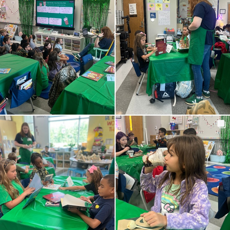this image contains pictures of students reading new books at a book tasting.