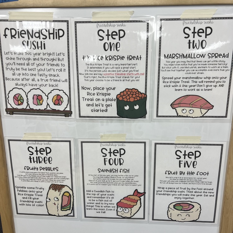 this image shows children and Miss Thompson’s class creating friendship sushi.