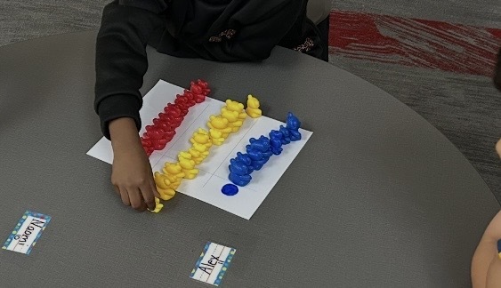 This image shows students sorting and counting bears based on size and color.