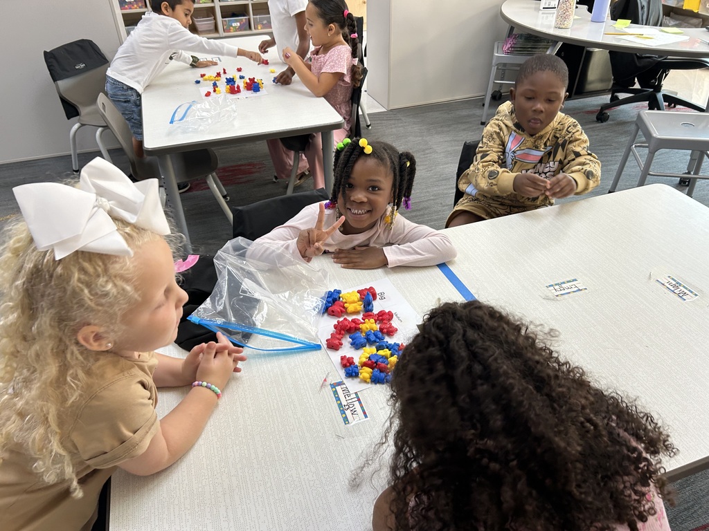 This image shows students sorting and counting bears based on size and color.