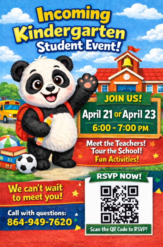 panda bear in front of school waving with event information and a qr code listed next to it.