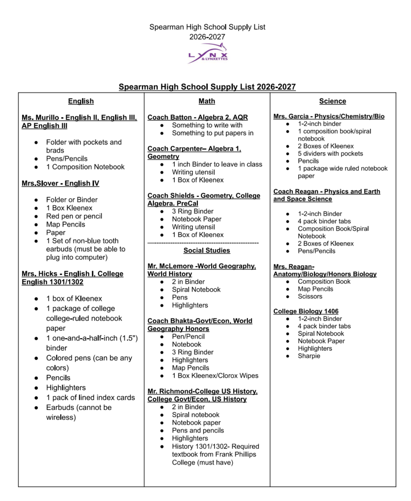 SHS 26-27 Supply List