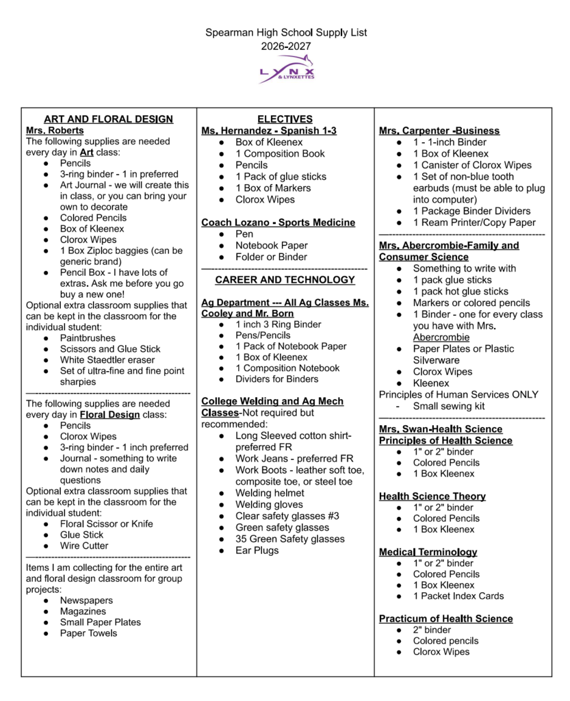 SHS 26-27 Supply List