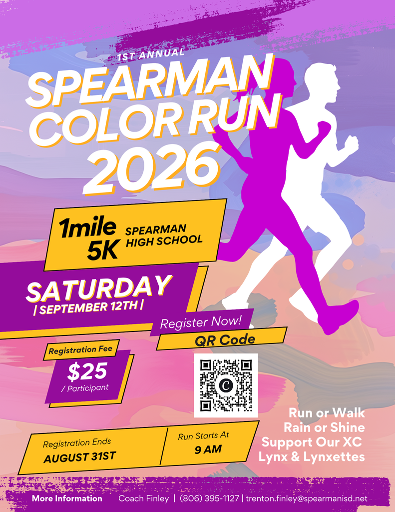 XC Fundraiser COLOR RUN Sept 12th Registration ends 08/31 contact Coach Finley 806-395-1127