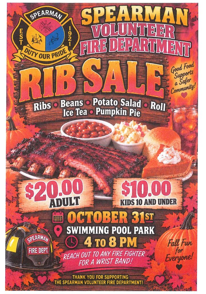 VFD Rib Plate Sale $20/adult  $10/kids u10 from 4-8pm; contact a firefighter for meal wristband