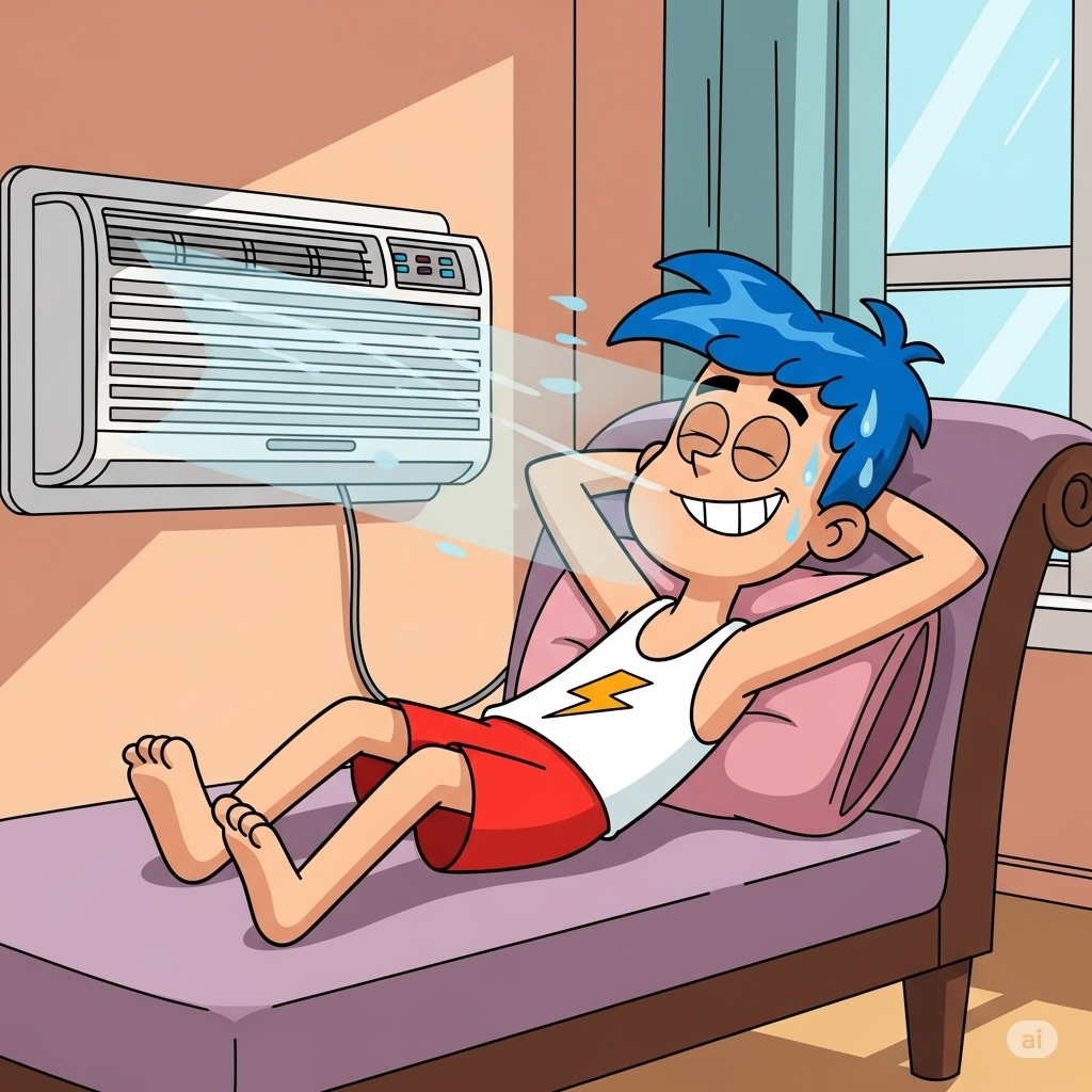 Cartoon character enjoying air conditioning.