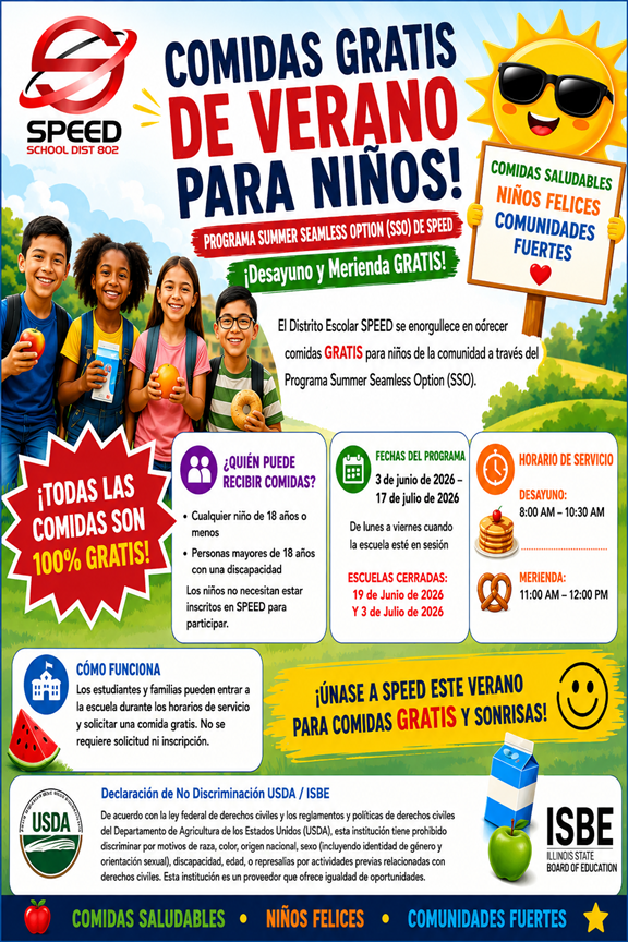 Spanish version of Flyer for Free Summer Meals for Kids June 3, 2026 - July 17 2026 excluding June 19 and July 3. Breakfast 8am - 10:30am - Snack 11:00am - 12:00pm.