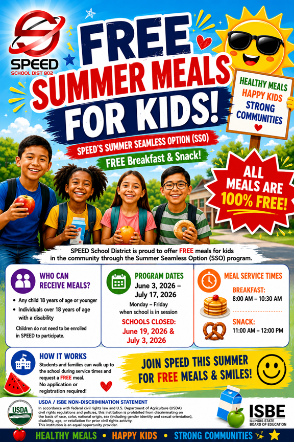 Flyer for Free Summer Meals for Kids June 3, 2026 - July 17 2026 excluding June 19 and July 3. Breakfast 8am - 10:30am - Snack 11:00am - 12:00pm.