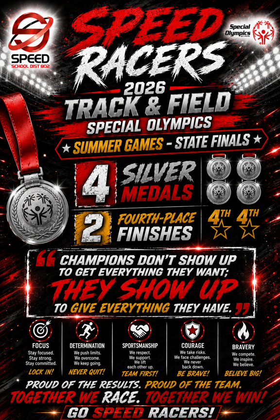 Flyer for SPEED Special Olympics Results - 4 silvers and 2 fourth place finishes