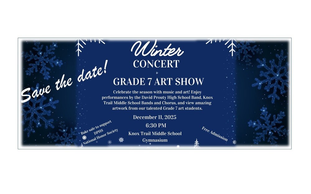 Blue flyer with snowflakes announcing winter concert and grade 7 art show