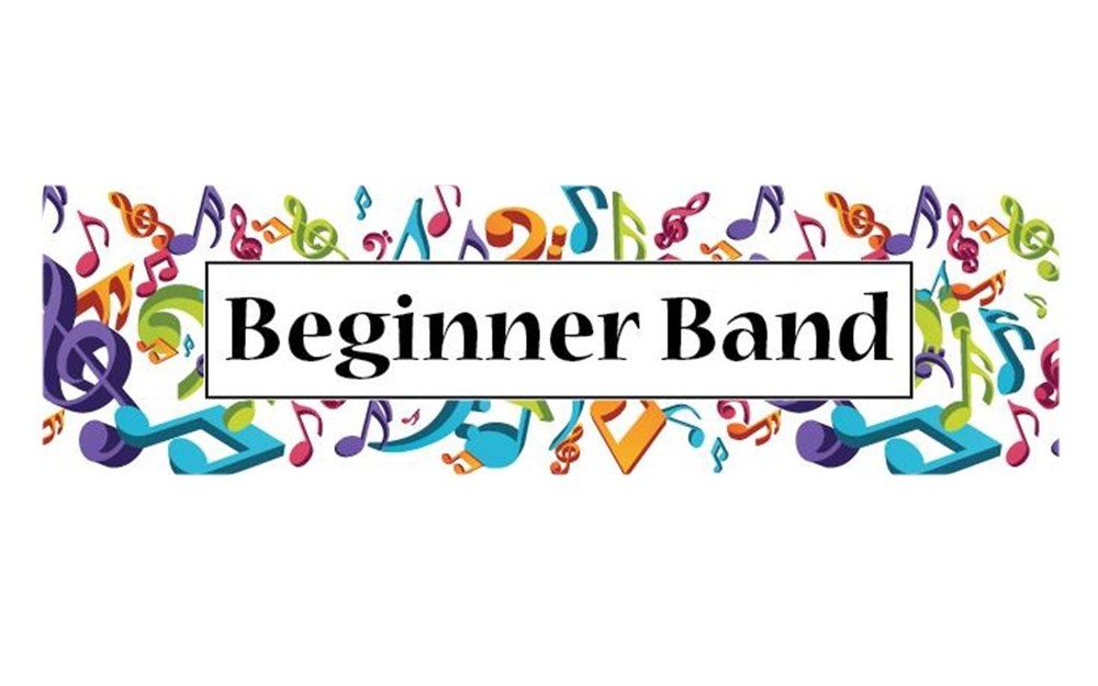 beginner band words surrounded by colorful musical notes