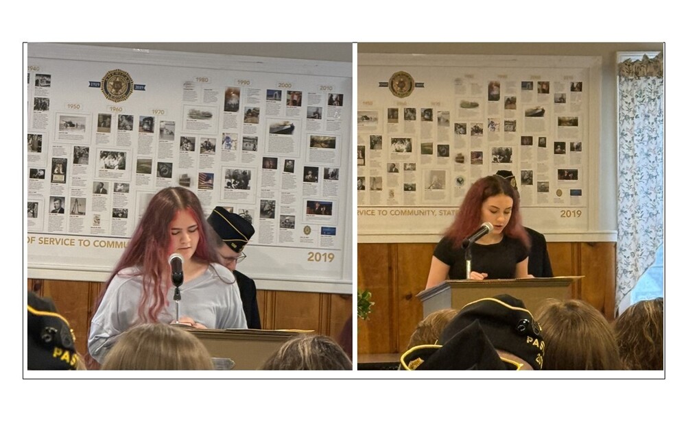 Pictures of two middle school girls speaking at memorial day ceremony