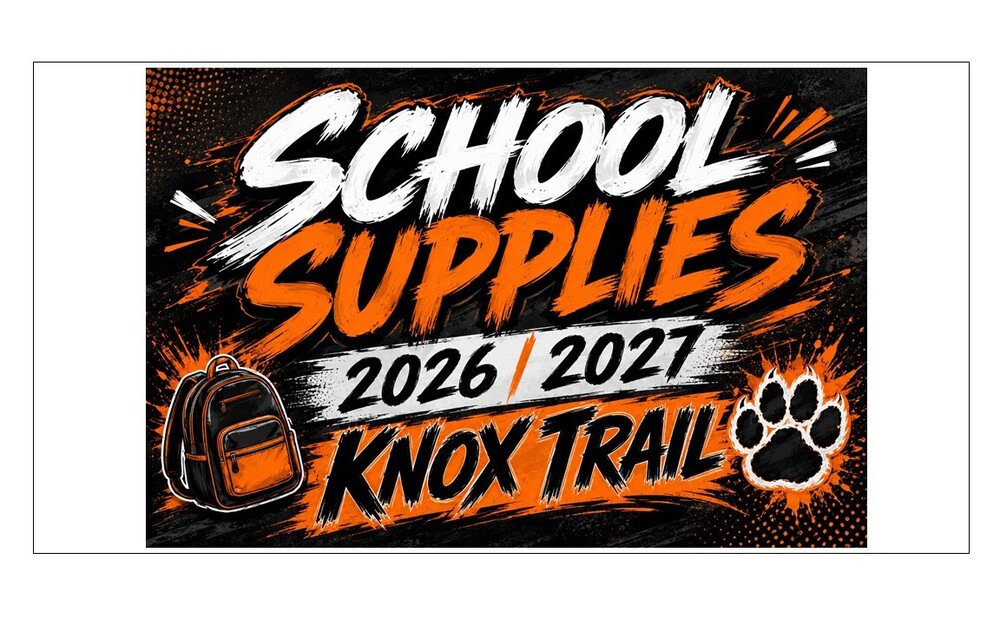 School supplies 2026/2027 Knox Trail black and orange graphic with backpack and paw