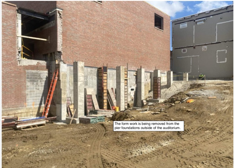 David Prouty High School Building Project Update #182: Construction progress photos of the phase 2 ICF addition, pier foundations, structural steel, masonry renovations & underground utilities. @ChooseSEBRSD @MASC_SchoolComm @MASchoolsK12 @Mass_SBA