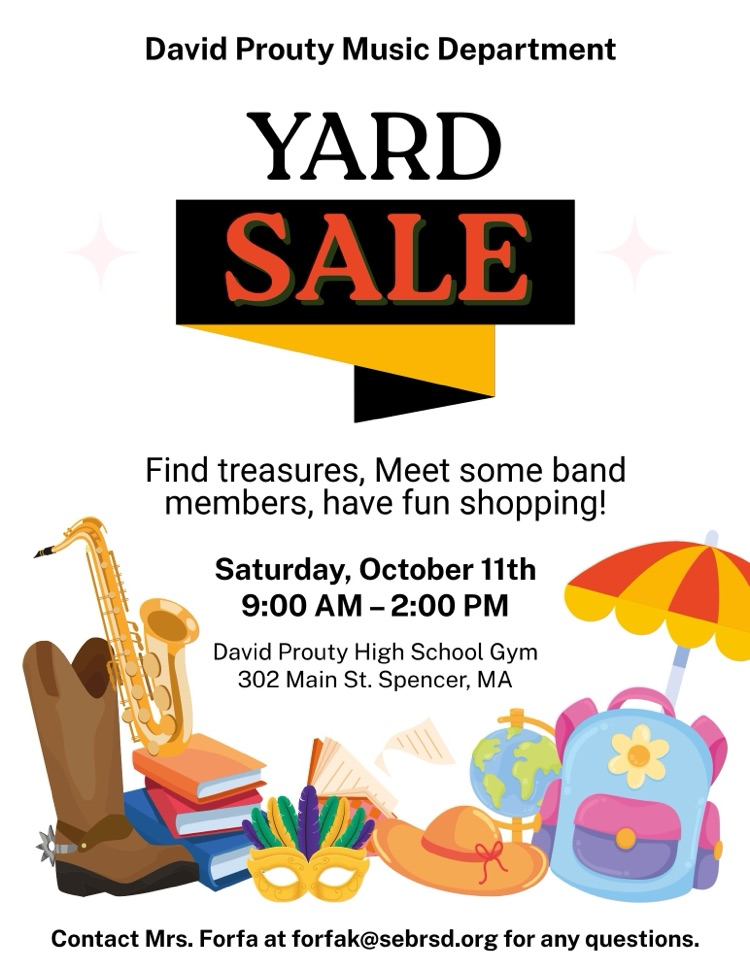 The Music Department is putting on a yard sale at DPHS on October 11th from 9am-2pm. All funds will be going towards the continuation of making great music for the community.   Thank you so much!  Sincerely, Kelsey Forfa 