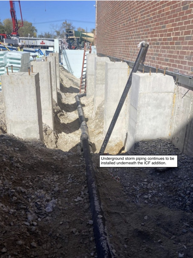David Prouty High School Building Project Update #192: Construction progress photos of the ICF addition, entrance sign, underground storm drainage & the timber guardrails. @ChooseSEBRSD @MASCSchoolComm @MASchoolsK12 @Mass_SBA
