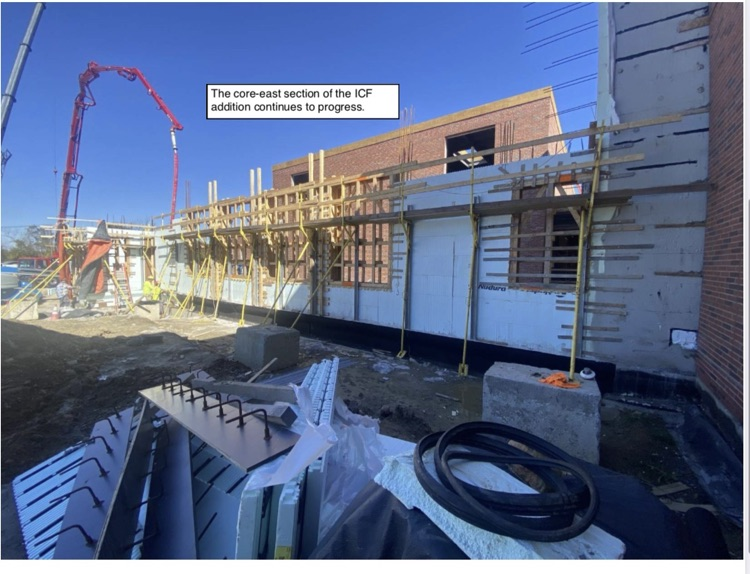 David Prouty High School Building Project Update #192: Construction progress photos of the ICF addition, entrance sign, underground storm drainage & the timber guardrails. @ChooseSEBRSD @MASCSchoolComm @MASchoolsK12 @Mass_SBA