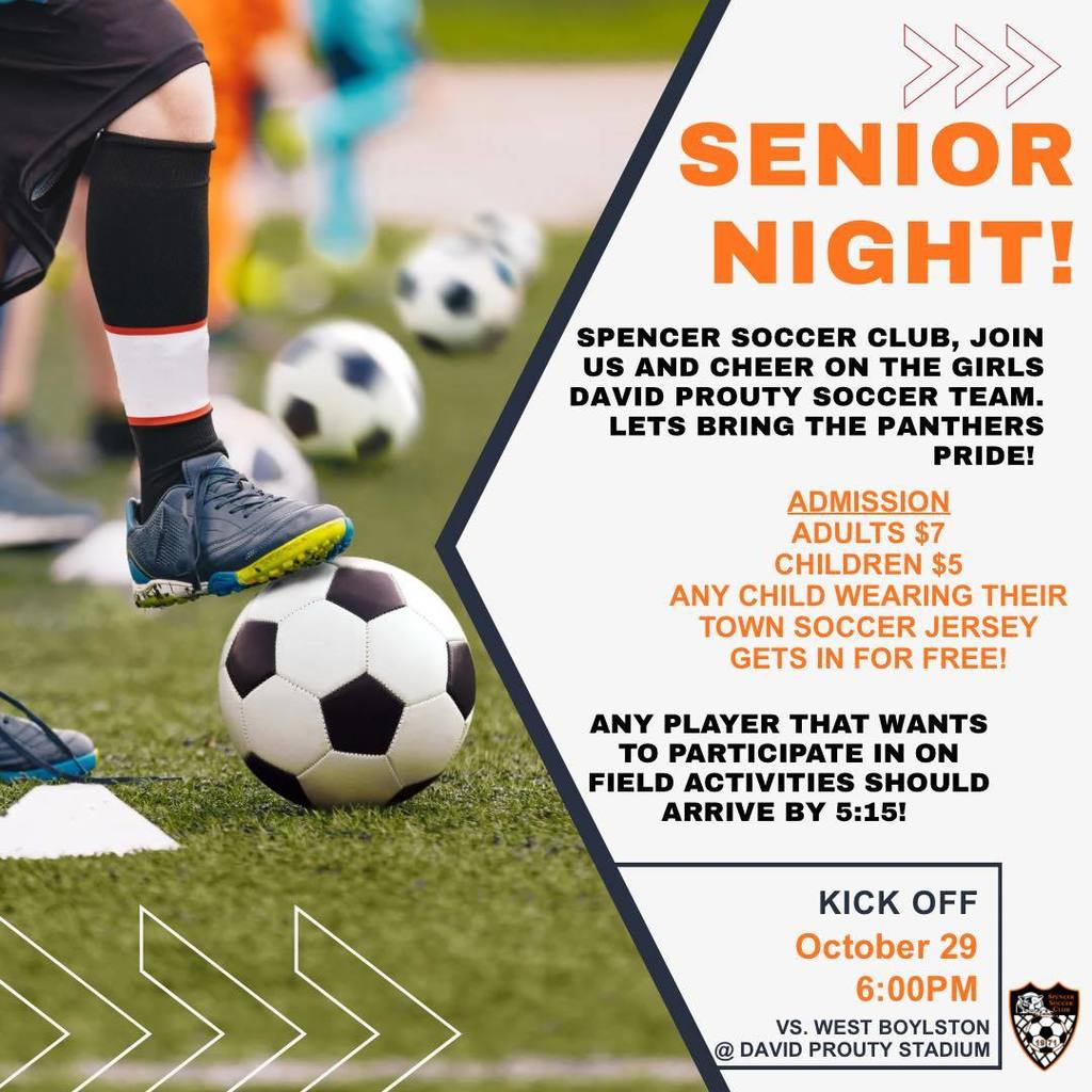 Come on down to the David Prouty Girls Senior Night!! We are so happy to announce that the David Prouty Girls Soccer team is making this SSC youth night to celebrate our senior players and our future young players, girls and boys!! Any player who shows up wearing their town soccer jerseys will get in for free and will be welcomed down on the field to help send the girls into their last regular season game!! If you want to be on the field please show up at 5-5:15.