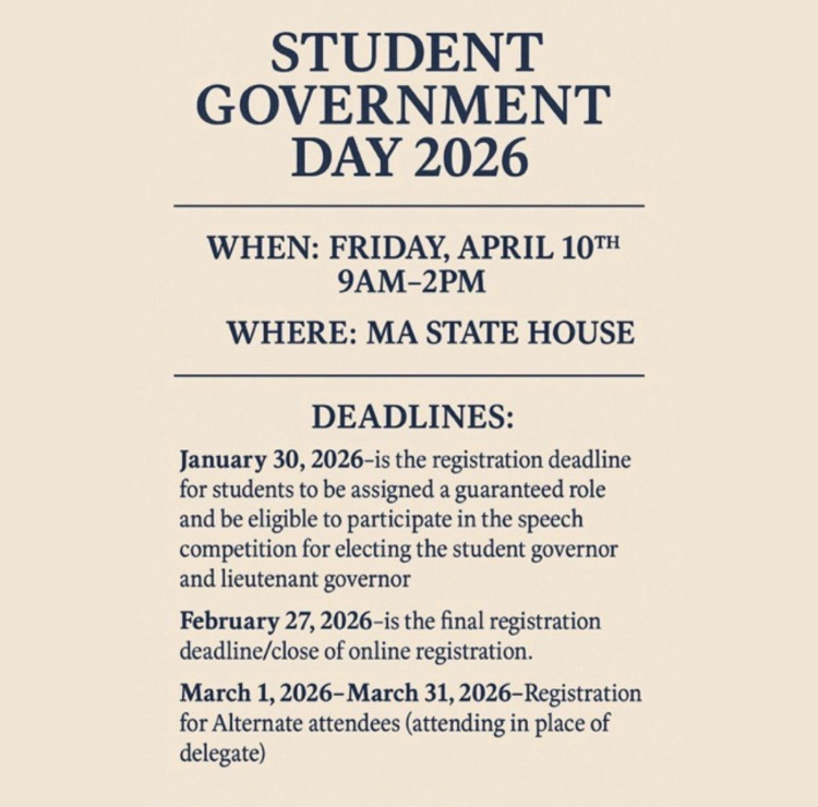 Save the Date: Student Government Day 2026 When: Friday, April 2nd, 2026 (9:00 am - 2:00 pm) Where: MA State House 