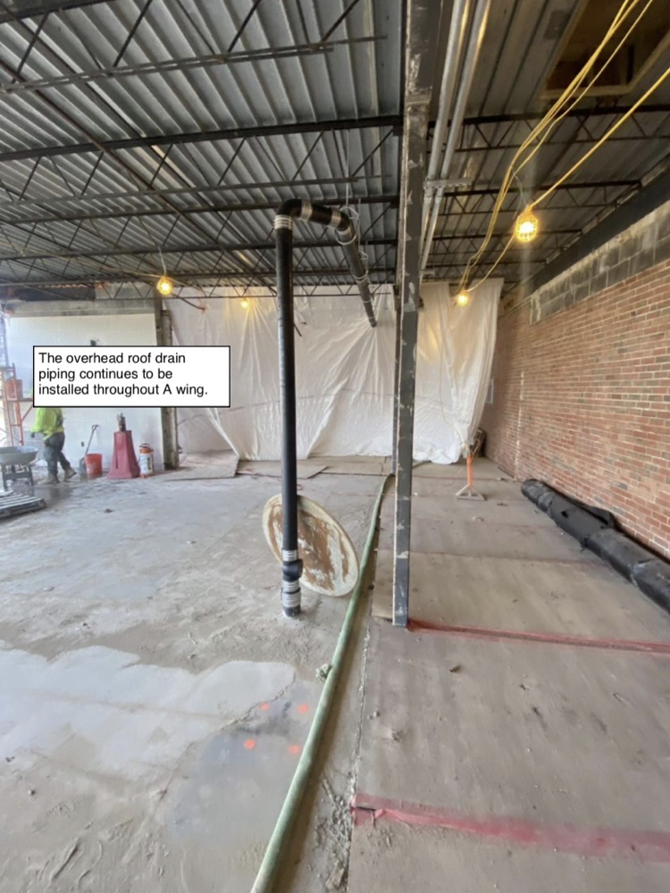 David Prouty High School Building Project Update #199: Construction progress photos of new moisture protection in A wing, overhead plumbing, masonry restoration & structural steel. @ChooseSEBRSD @MASCSchoolComm @MASchoolsK12 @Mass_SBA 