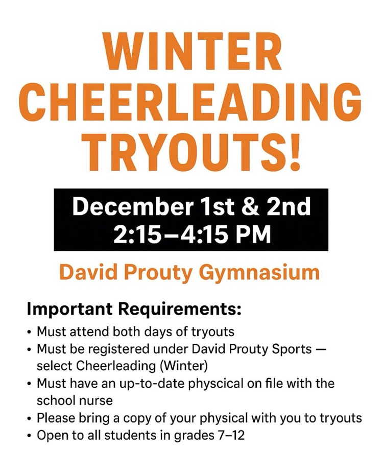 WINTER CHEERLEADING TRYOUTS. December 1st & 2nd 2:15-4:15 PM David Prouty Gymnasium