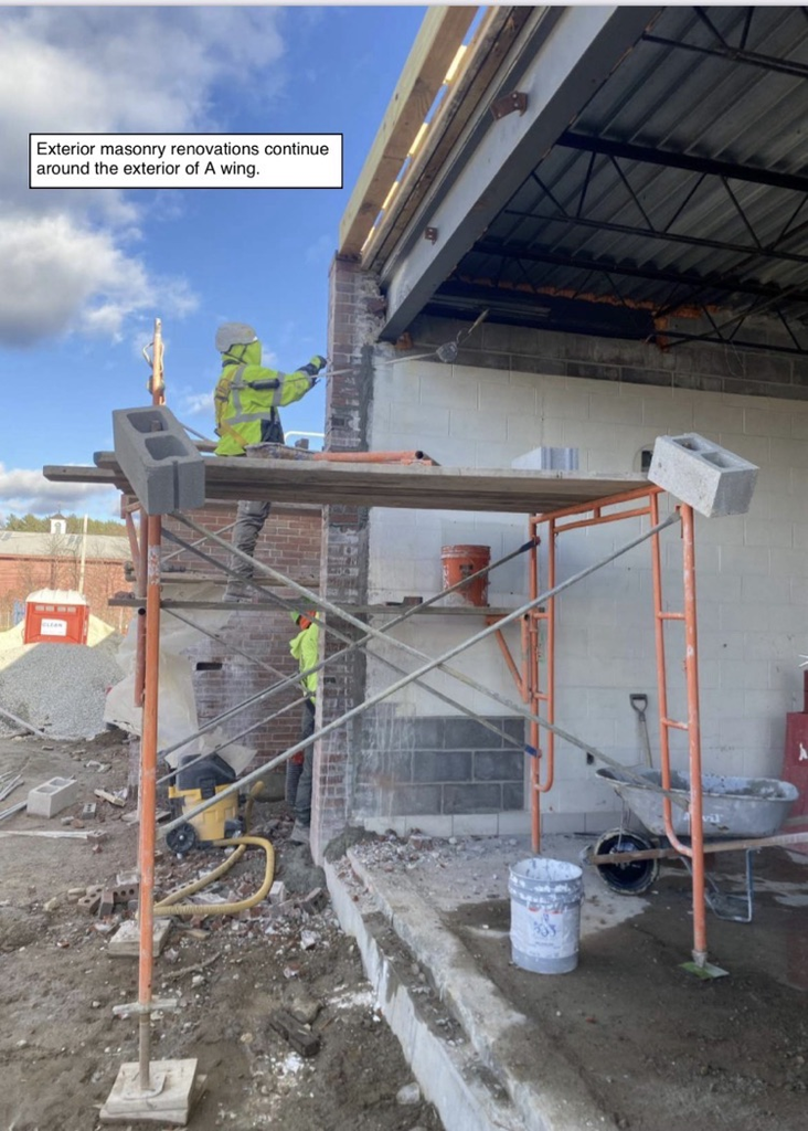 David Prouty High School Building Project Update #199: Construction progress photos of new moisture protection in A wing, overhead plumbing, masonry restoration & structural steel. @ChooseSEBRSD @MASCSchoolComm @MASchoolsK12 @Mass_SBA 