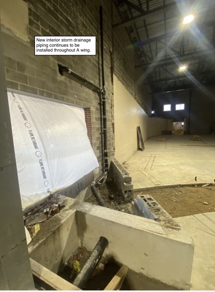David Prouty High School Building Project Update #201: Construction progress photos of new exterior wall framing, structural steel, storm drainage & exterior lighting. @ChooseSEBRSD @MASchoolsK12 @MASCSchoolComm @MASS_SBA
