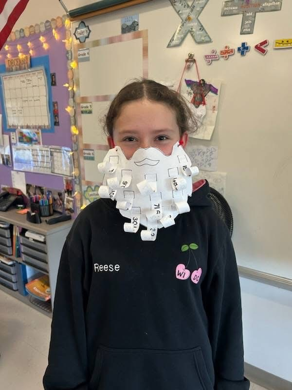 Our 5th graders have been hard at work reviewing their multiplication facts. But this wasn't just any math practice-it had a festive twist! For the final product, the students got to use their results to create their own magnificent Santa beards!