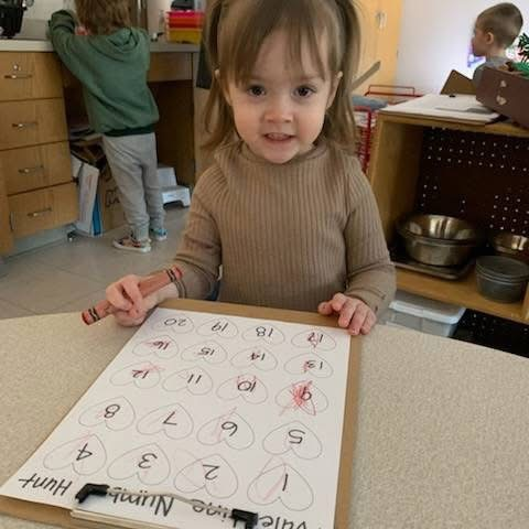Miss Amato's PreK class went on a Valentine's Number Hunt around their classroom looking for matches to all 20 number hearts!
