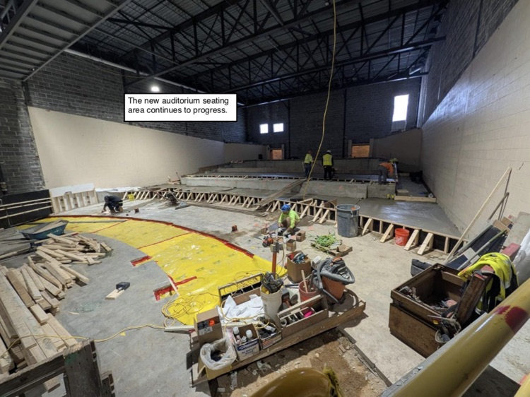 David Prouty High School Building Project Update #218: Construction progress photos of recently completed exterior masonry, the new custodial garage, interior framing & the auditorium renovation. @ChooseSEBRSD @MASCSchoolComm @MASchoolsK12 @Mass_SBA
