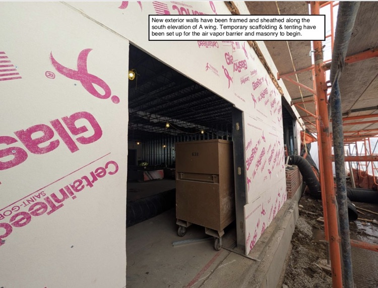 David Prouty High School Building Project Update #218: Construction progress photos of recently completed exterior masonry, the new custodial garage, interior framing & the auditorium renovation. @ChooseSEBRSD @MASCSchoolComm @MASchoolsK12 @Mass_SBA