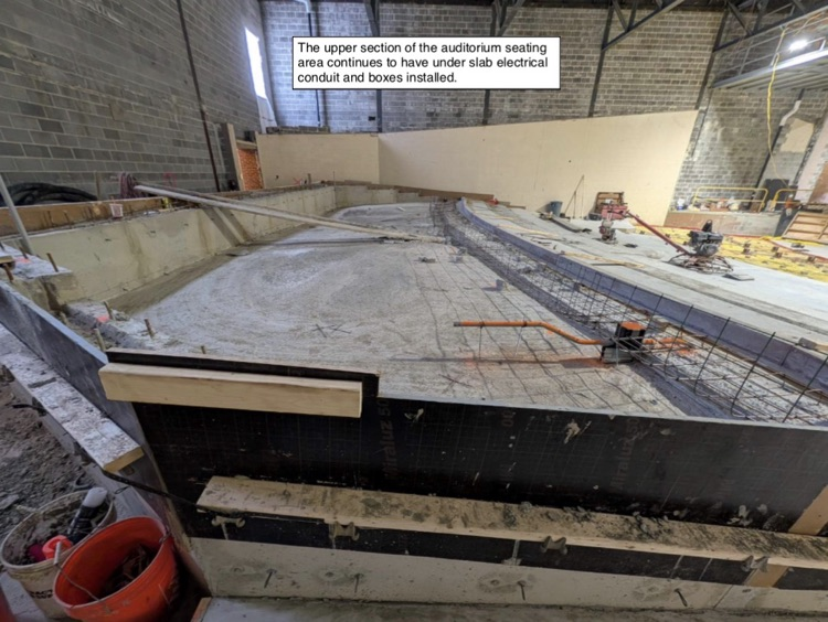 David Prouty High School Building Project Update #222: Construction progress photos of new interior framing, the ICF addition, exterior masonry, roofing & the new auditorium seating area. @ChooseSEBRSD @MASCSchoolComm @MASchoolsK12 @Mass_SBA