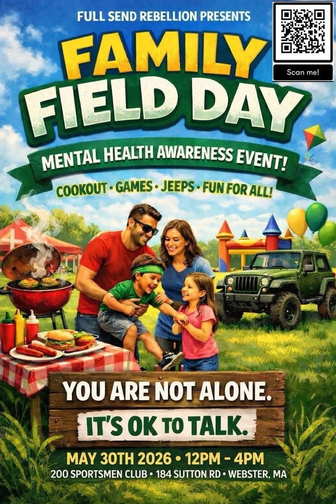 Poster with family at barbeque with field day games