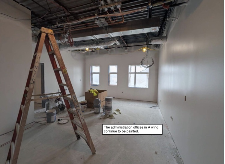 David Prouty High School Building Project Update #241: Construction progress photos of site landscaping, interior drywall and painting, exterior windows. @ChooseSEBRSD @MASCSchoolComm @MASchoolsK12 @Mass_SBA