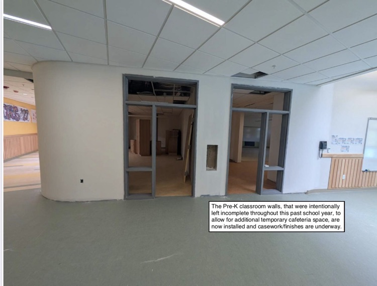 photos of the baseball field, Pre-K wing, admin & guidance spaces, auditorium, and the café/kitchen