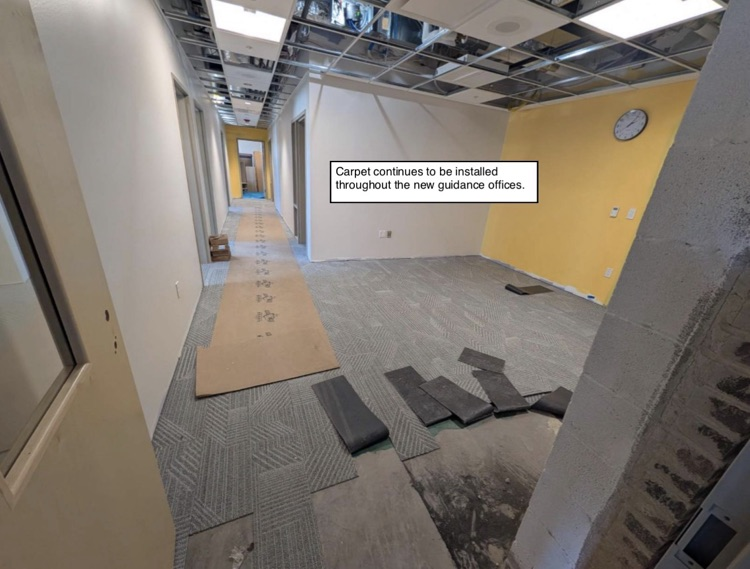 photos of the baseball field, Pre-K wing, admin & guidance spaces, auditorium, and the café/kitchen