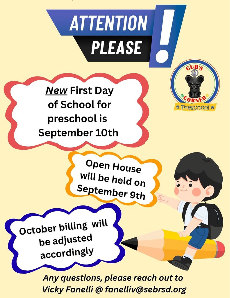 New first day of preschool will be September 10th 