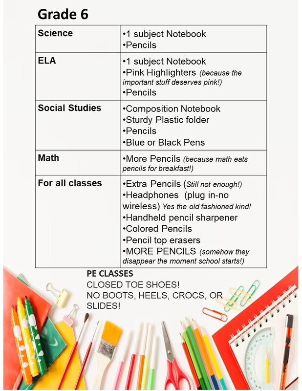 Supply List Grade 6 with colorful pencils brushes scissors paper clips and paper in background