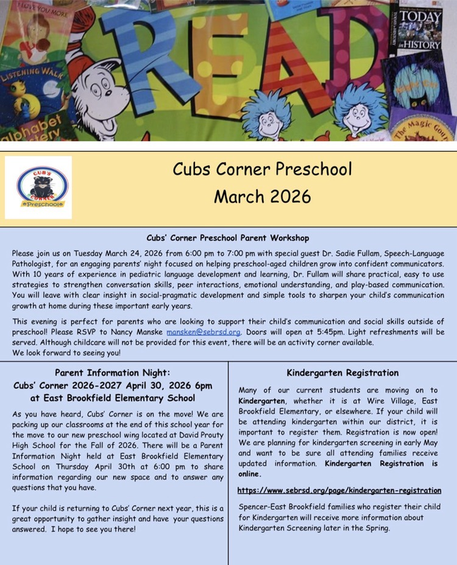 March 2026 Cubs Corner Preschool Newsletter 