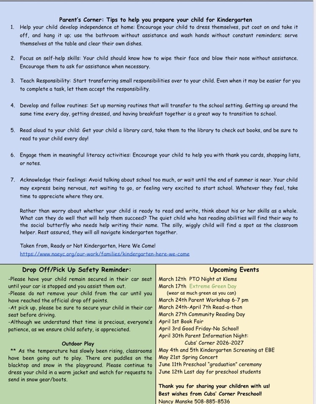 March 2026 Cubs Corner Preschool Newsletter 
