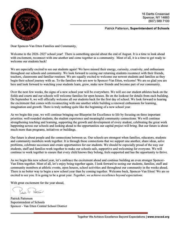 SVE Welcome Back Letter